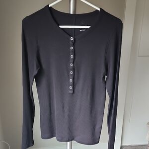 Everlane Pima Cotton Ribbed Henley Black Size Large